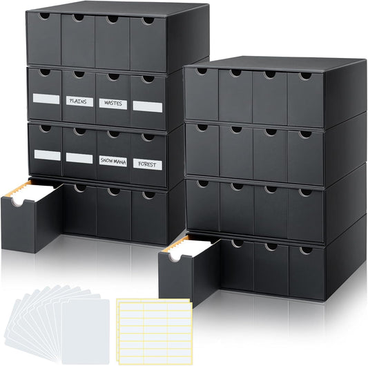 Cholemy Trading Card Storage Box 15000+ with 70 Cardboard Storage Divider, Label Sticker for Collection Compatible with TCG, Sport Cards(8 Row, 4 in A Row,Black)