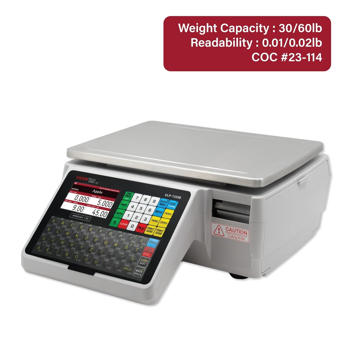 VisionTechShop VLP-100B Label Printing Scale, Capacity 30/60lb Readability 0.01/0.02lb, NTEP Legal for Trade, English, Spanish Available