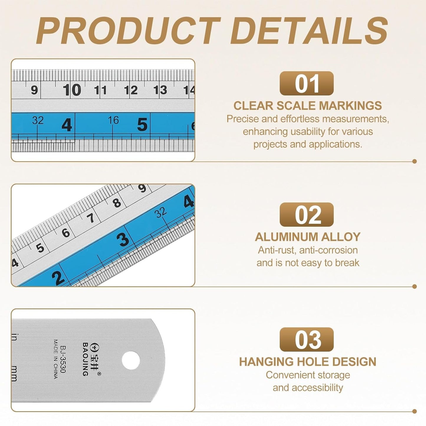 HARFINGTON 6pcs Metal Straight Ruler 15cm Metric SAE Aluminum Alloy Measuring Rulers Scale Tools with Hole for Measure Study Reading Classroom Office, Blue
