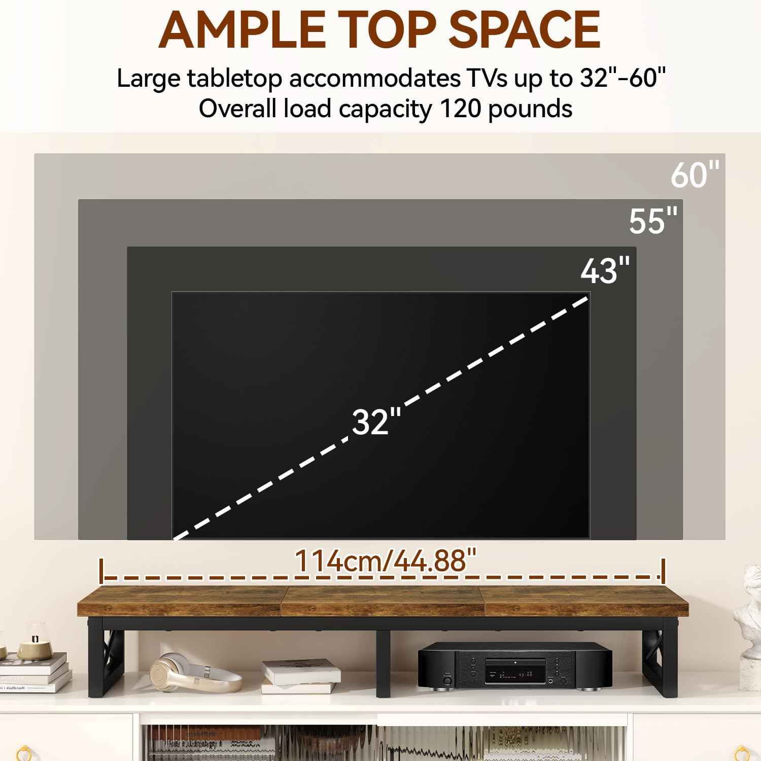 IBUYKE 45" Large TV Riser for 32-60 inch TV,Tabletop Short TV Stand with Storage and Steel Legs,Dual Screen Office Desk,Stand Riser,TV Riser Stand for Home,Bedroom,Living Room,Rustic Brown TVT002H