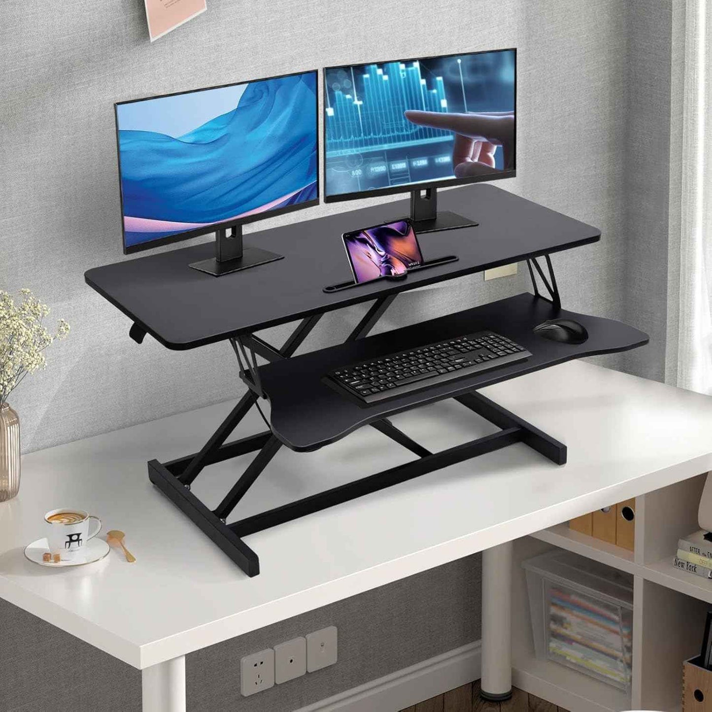 38-inch Standing Desk Converter Height Adjustable Sit to Stand Up Workstation, Duals Monitor and Laptop Riser with Wide Keyboard Tray, for Home, School, Company, Black