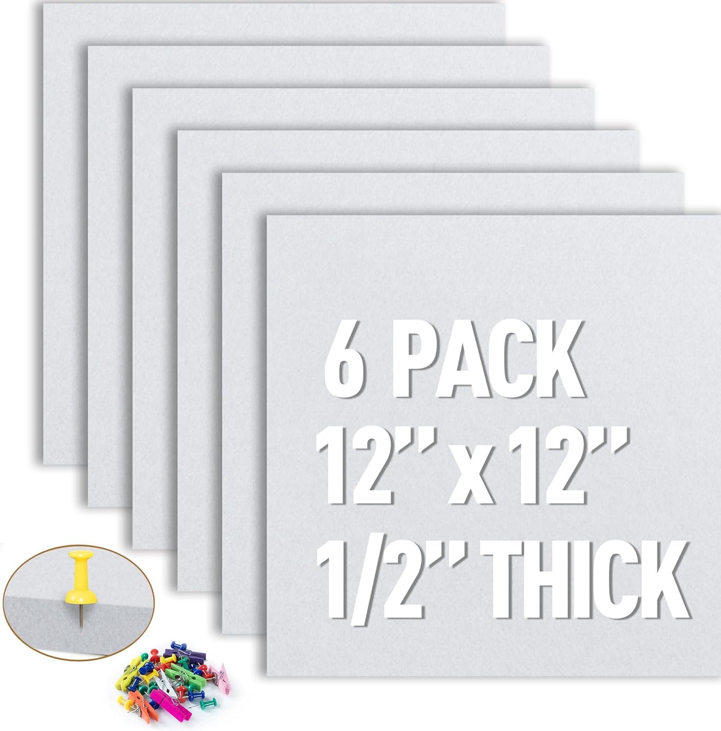 AKTOP White Cork Bulletin Board 12x12, 1/2" Thick Felt Cork Board Tiles 6 Pack, Small Square Pin Board for Wall, Self Adhesive Corkboards with 60 Push Pin Wood Clips for School, Home & Office - Lumora Desk