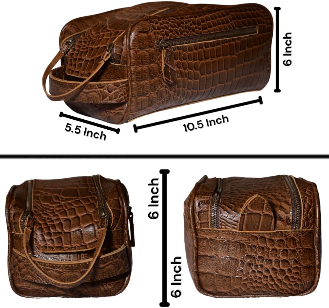 Premium Buffalo Leather Unisex Toiletry Bag Travel Kit (King Size) Shaving kit Accessories :Shaving Brush Case, Razor Protective Travel Case (Combo of 4 Items) (Crocodile Print)