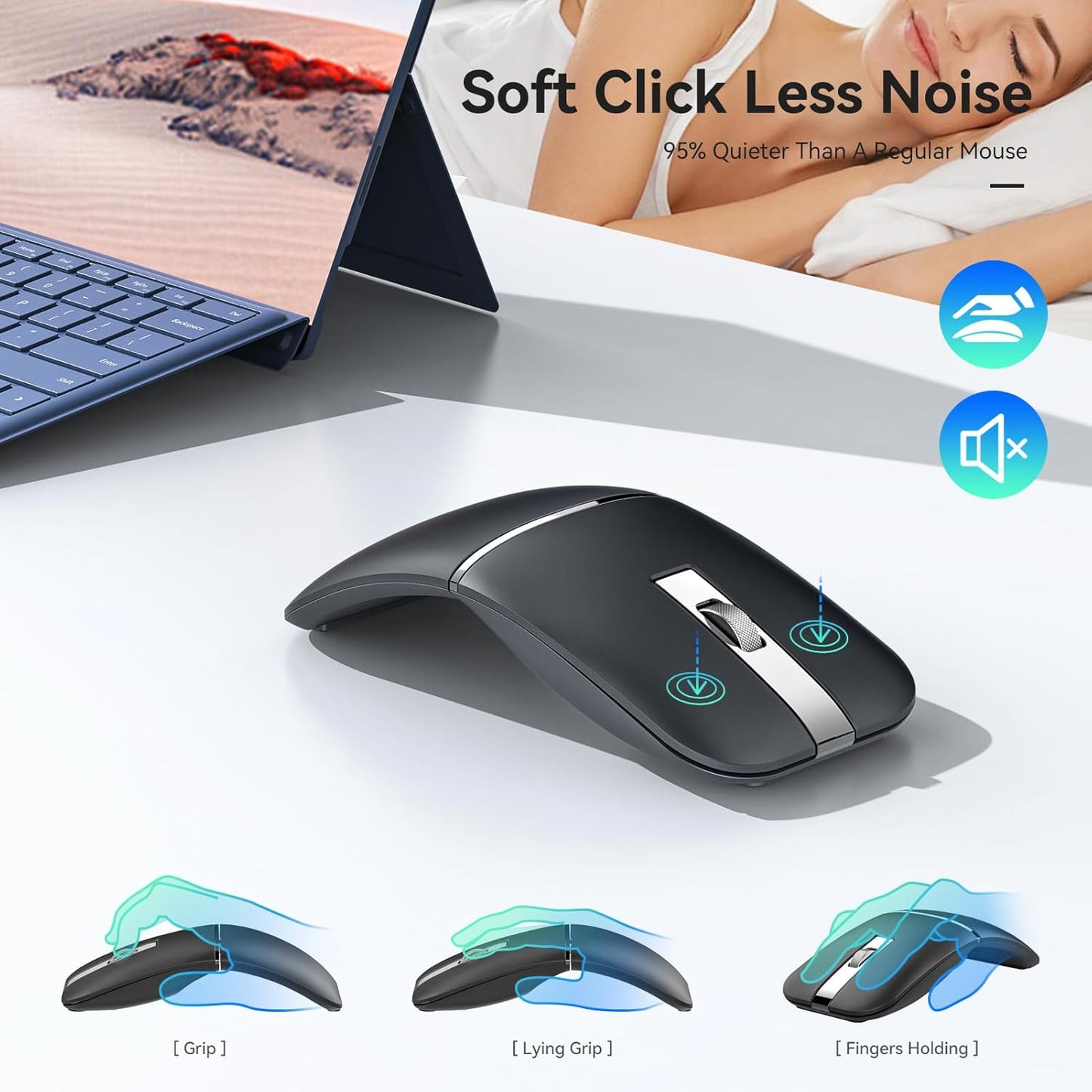 WFB Wireless Arc Mouse for Laptop,Bluetooth USB Rechargeable Computer Mice,Rotatable Rotating Ultra Slim,3 DPI for Desktop PC MacBook Pro Chromebook Lenovo Device Travel