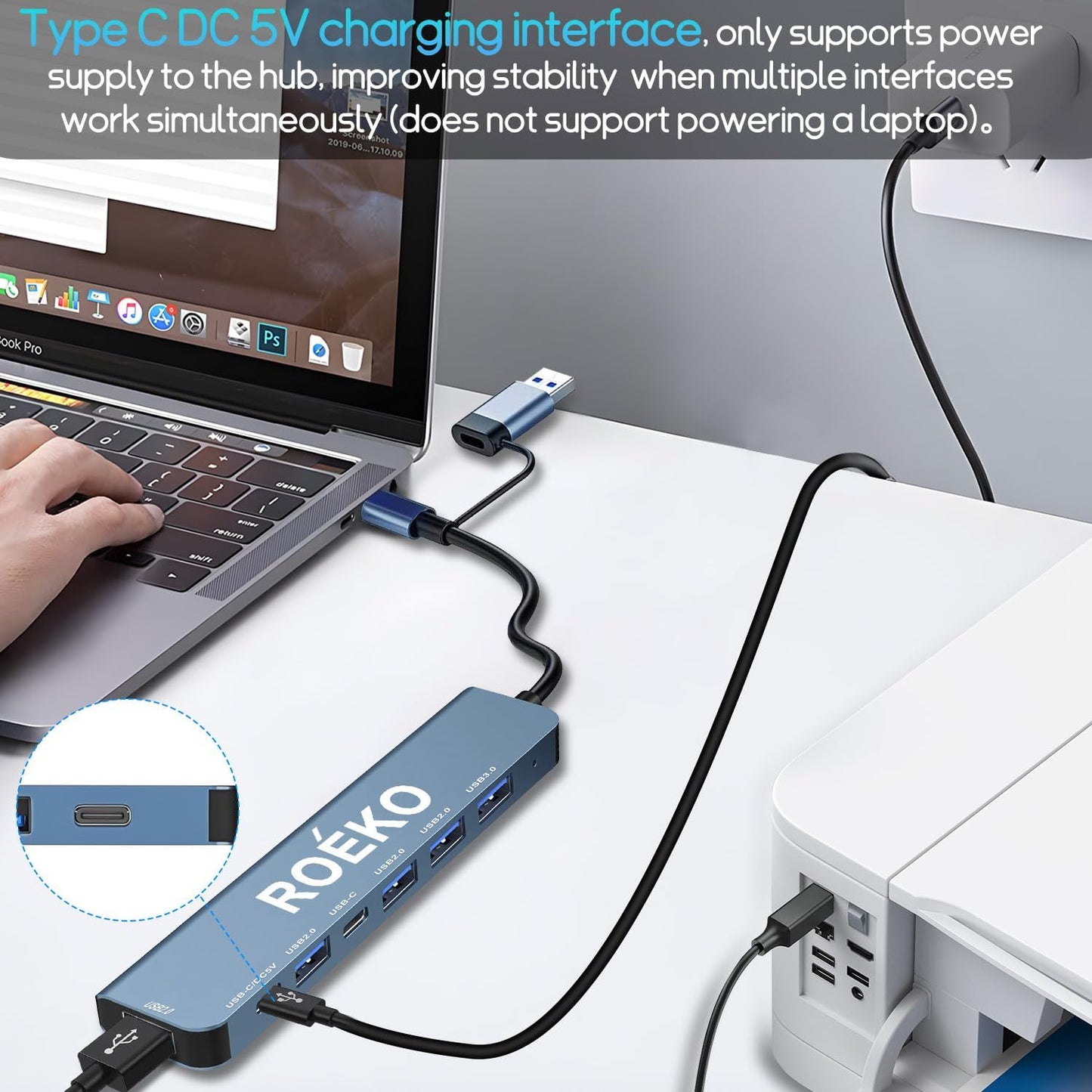 USB Hub 3.0,USB C hub,USB hub with USB C Multiport Adapter, USB Splitter with 1xUSB 3.0,4xUSB2.0,2 x USB C,USB c hub for MacBook Pro/PC/Laptop/Tablet Devices (Grey 7in1)