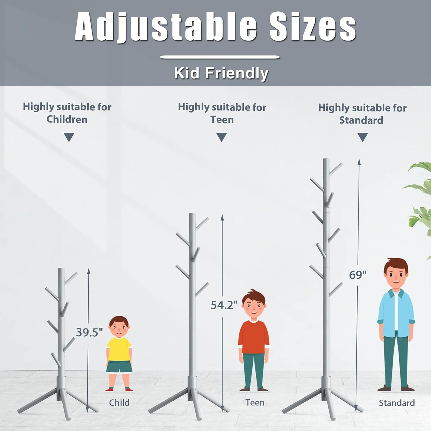 Haddockway Wooden Coat Rack Stand with 8 Hooks New Zealand Pine 3 Adjustable Coat Standing Tree Easy Assembly for Coats, Hats, Scarves and Handbags for Entryway, Hallway, Bedroom, Office - Lumora Desk