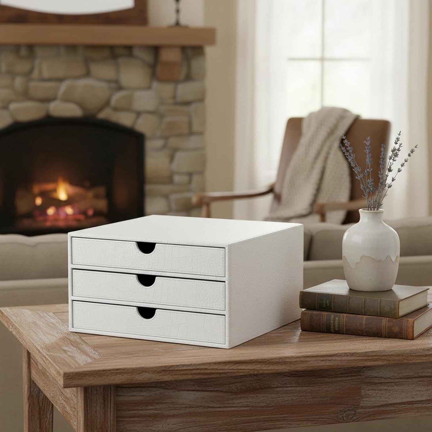 UnionBasic Document Organizer, 3-Drawer File Cabinet Document Storage Box, Office Desktop Filing Organizer, Croco White