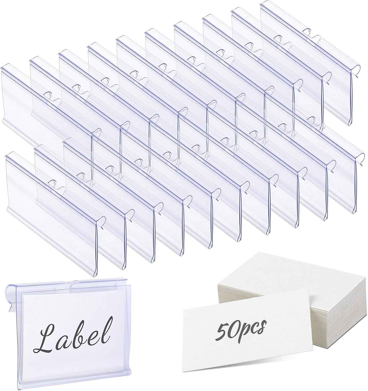 Meetory 50 PCS Clear Plastic Label Holders for Wire Shelf Retail Price Label, Basket Bin Labels Clip On, Labels for Storage Bins, Merchandise Sign Display Holder for Supermarket,Label Papers Included
