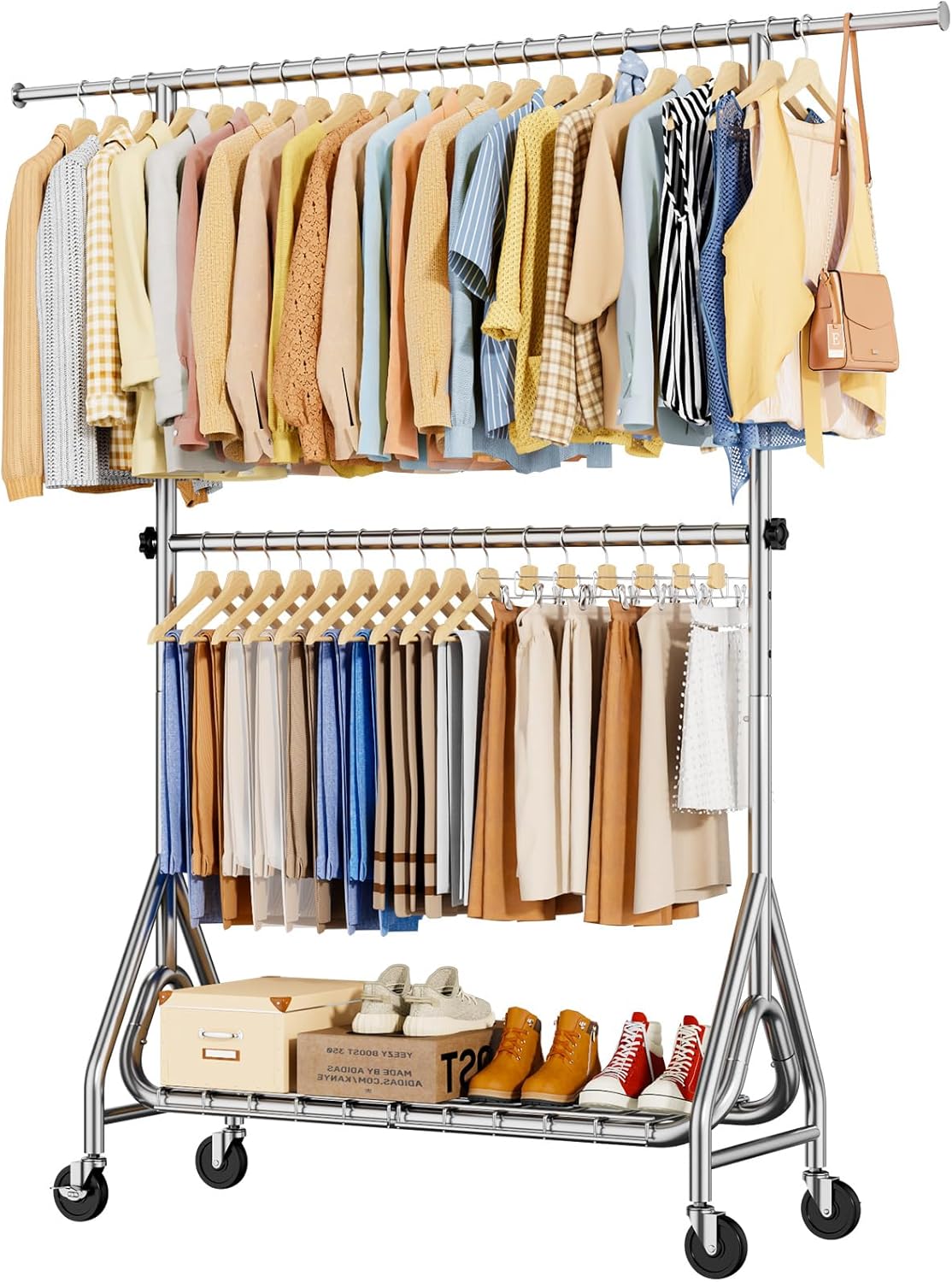 Double Rods Clothing Rack, Heavy Duty Clothes Rack for Hanging Clothes Load 560LBS, Metal Rolling Garment Racks with Wheels, Freestanding Clothes Hanging Racks, Silver - Lumora Desk