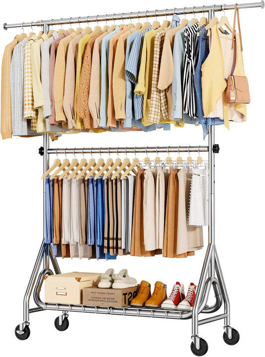 Double Rods Clothing Rack, Heavy Duty Clothes Rack for Hanging Clothes Load 560LBS, Metal Rolling Garment Racks with Wheels, Freestanding Clothes Hanging Racks, Silver - Lumora Desk