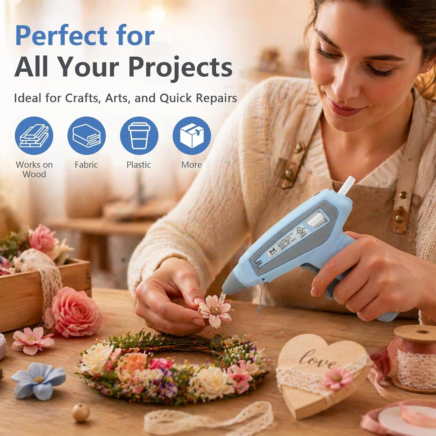 Cordless Hot Glue Gun Kit, 15-Second Fast Heating 10W, 30pcs Glue Sticks & Canvas Bag, Auto Shut-Off, Safety Nozzle, USB Rechargeable for DIY Crafts Fabric Wood Home Repairs(Blue)