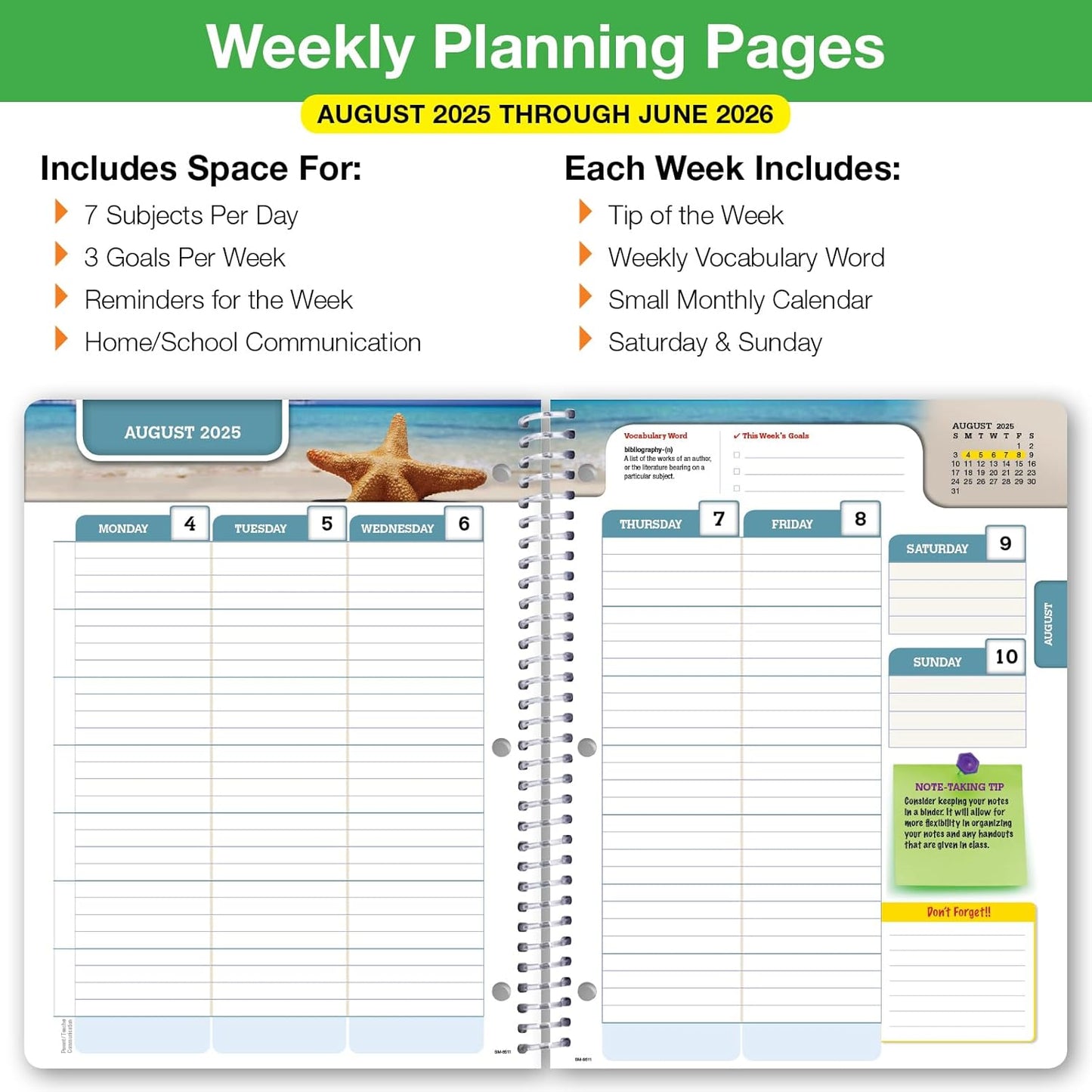 Global Datebooks Dated Middle School or High School Student Planner for Academic Year 2025-2026 Includes Ruler/Bookmark and Planning Stickers (Matrix Style - 8.5"x11" - Slant)