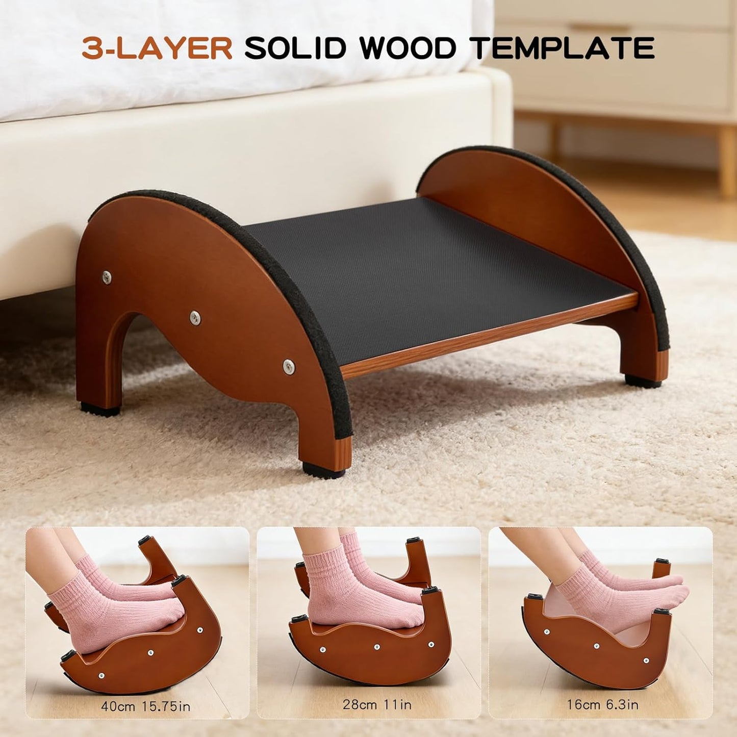 Foot Rest Under Desk – Ergonomic Solid Wood Under Desk Footrest with Non-Slip Silicone Top & Rubber Feet, 10° Tilt Foot Stool for Office Home, 40×28×16cm