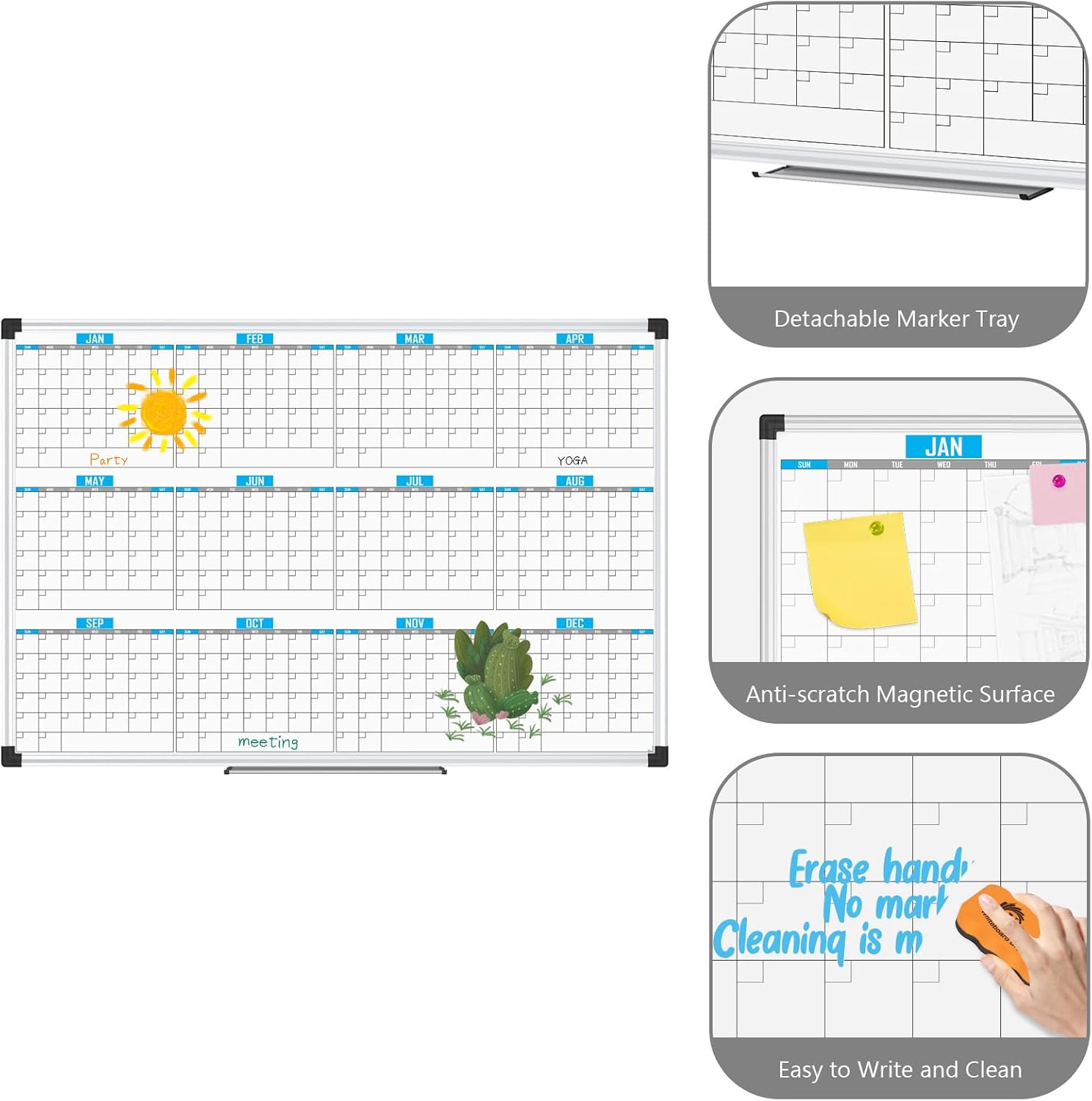 XBoard Magnetic Calendar Whiteboard 48" x 36", 12 Months Calendar Dry Erase Board, Silver Aluminium Framed White Board Planner for Home School Office Organization - Lumora Desk