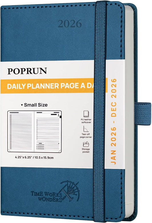 POPRUN Daily Planner 2026 (Jan - Dec), (Purse Size-4.25" x 6.25") 2026 Daily Calendar with One Page Per Day Even Weekends, Hourly Appointment Book with Pocket, PU Leather Softcover - Night Sky Blue