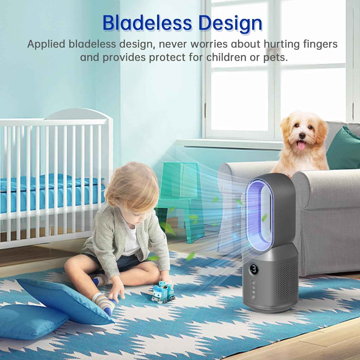 Desk Fan,13 Inch Portable Bladeless Fan, Small Quiet Office Fan with 106° Oscillating, 3 Speeds & Night light, LED Display,Button Control, Personal Battery Operated Table Fan for Bedroom, Office, Home