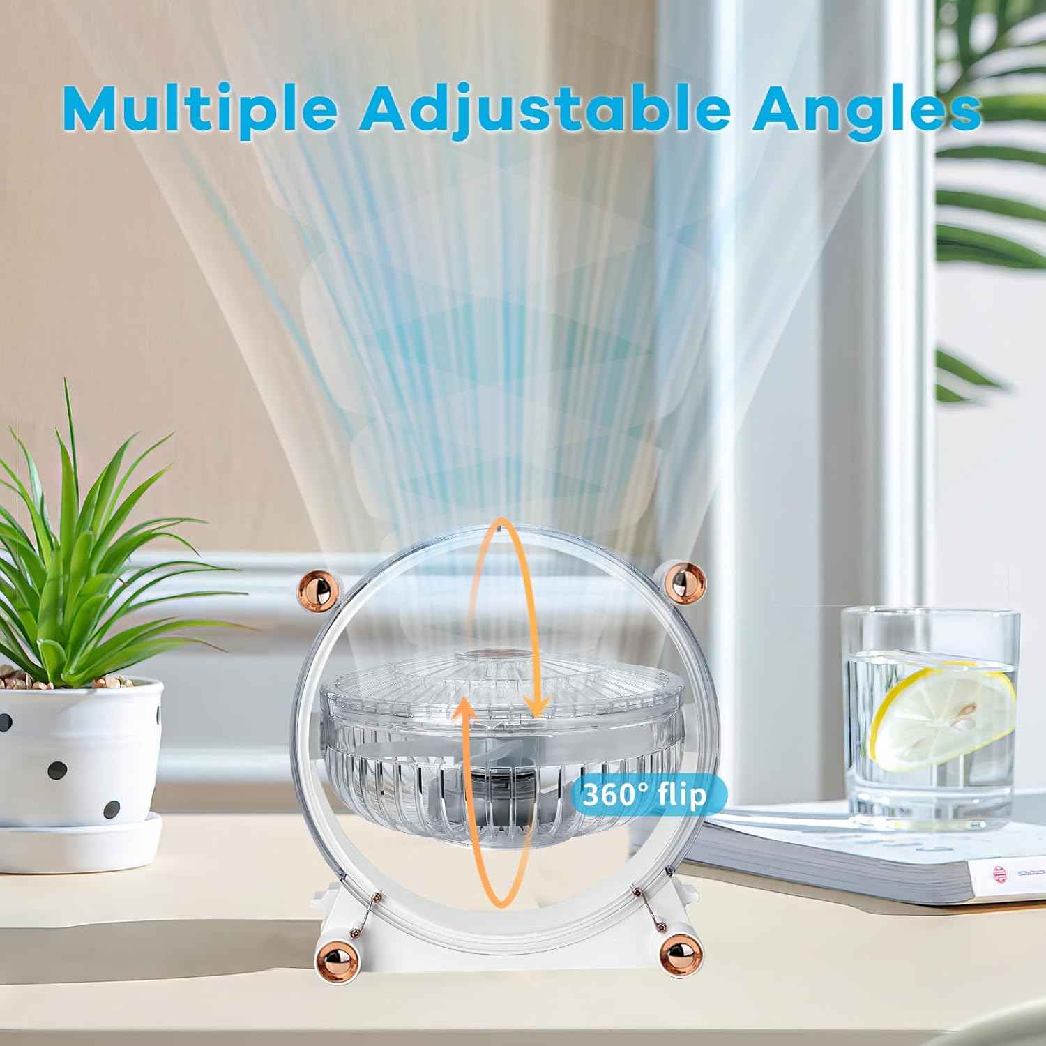 Desktop Fan - Transparent and Stylish Design, 3 Speeds Adjustable, Quiet Portable Fan Can be Flipped 360°,USB Desk Fan for Office, Bedroom, Home, Kitchen, Camping