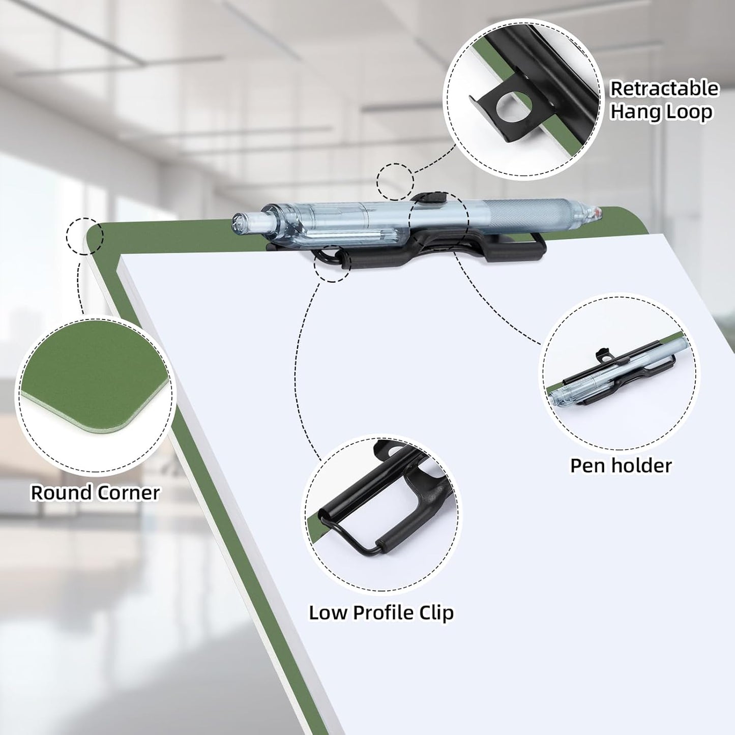 Clipboard with Pen Holder, 2 Pack Plastic Clipboard with Low Profile Metal Clip, Hanging Clip Boards Holds 8.5x11 Inch Papers, Standard A4 Letter Size Clip Boards for Offices & School, Green