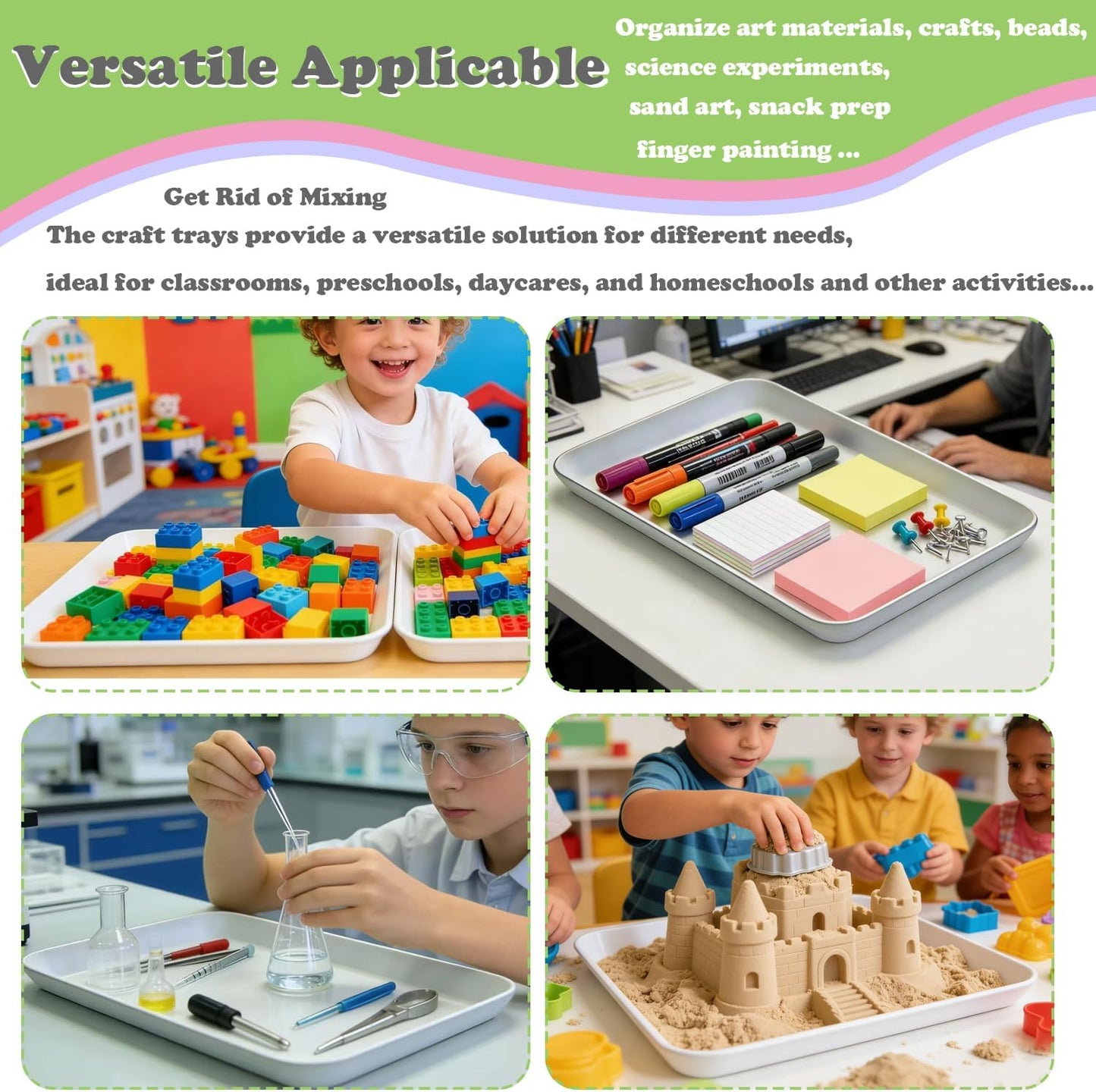 5 Pack Large Plastic Art Trays, White Stackable Activity Craft Tray Sand Serving Organizer for Classroom Kids DIY Projects, Beads, Painting, Jewelry Organizing Supply (16.34'' x 11.26'' x 1.57'')