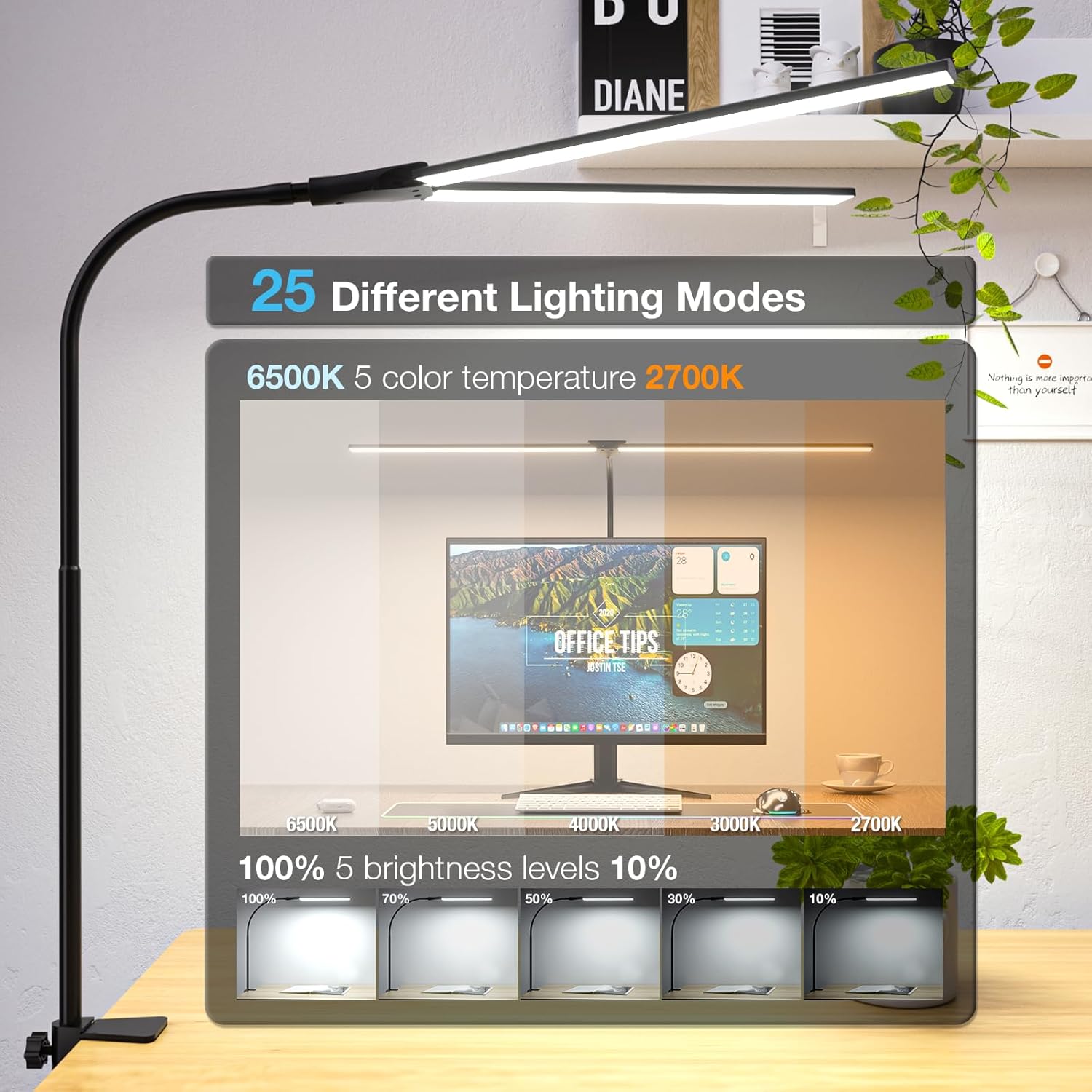 Desk Lamp for Office Home, 31.5" Desktop Lighting Bar with Gooseneck, Clip on Desk Light with Clamp, Bright Dimmable Table Lamp for Study, Work, Computer, Monitor, Reading - Lumora Desk