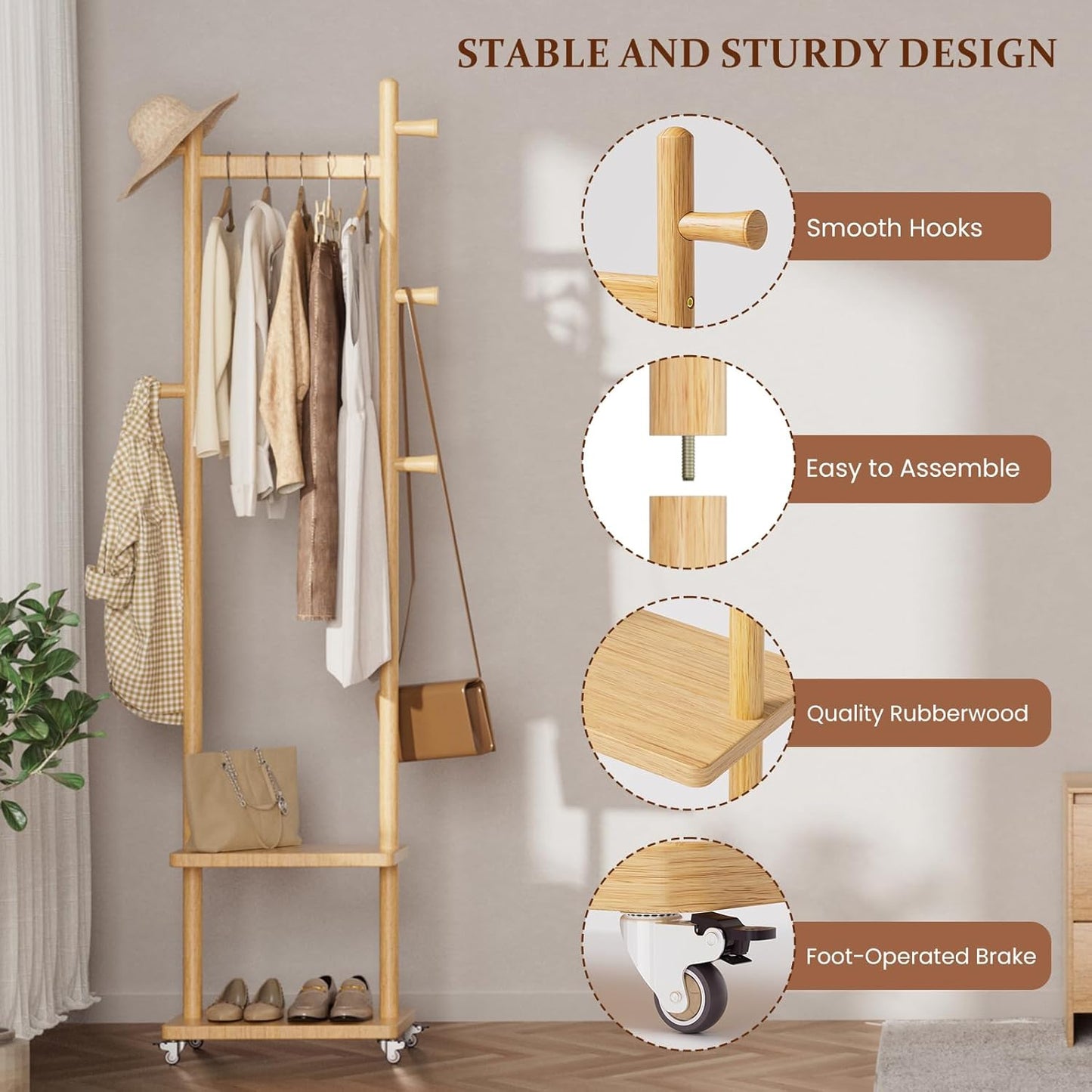 Coat Rack Freestanding Clothing Rack with Wheels & 2 Shelves Storage & 5 Hooks Heavy Duty Clothes Rack Wood Coat Tree Stand Hat Hanger Rack for Corner Bedroom Entryway Living Room Hotel
