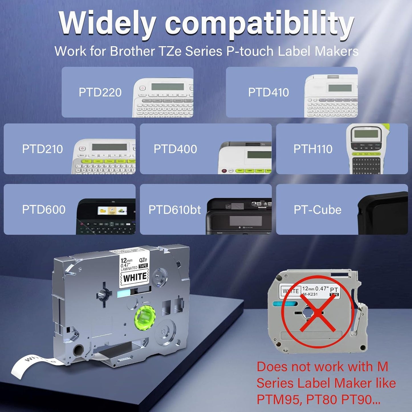 10 PK TZE-231 Compatible Label Tape Replacement for Brother TZe-231 TZ-231 Laminated P-Touch Label Maker Tape, Black on White, for PT-D200 PT-D210 PTH100 PT-D400, 0.47" x 26.2'