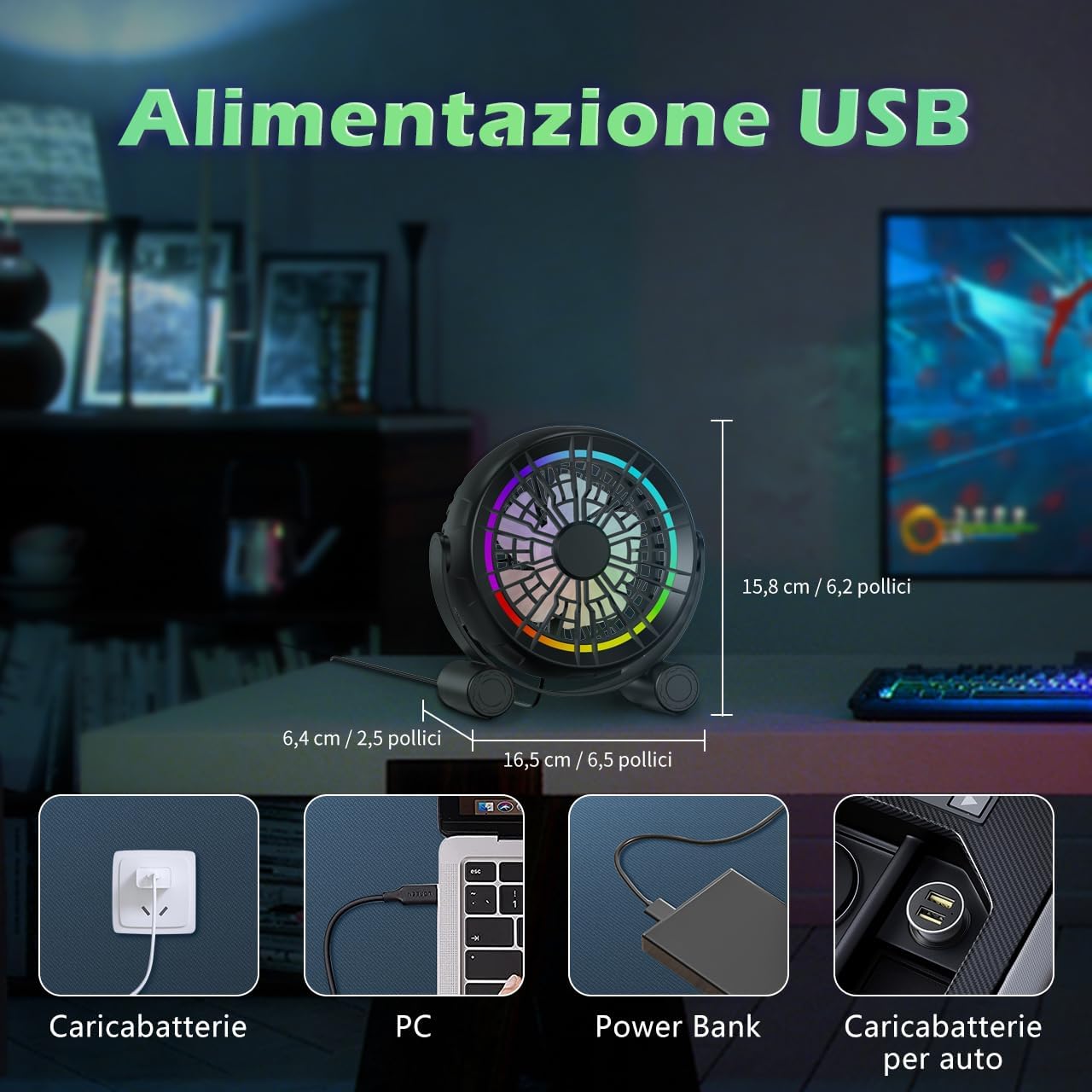 USB RGB Desk Fan - 3 Speeds Quiet Portable Table Fan, 8 Color LED Lights, 360° Rotation, Small Fan for Home Office Desktop Bedroom