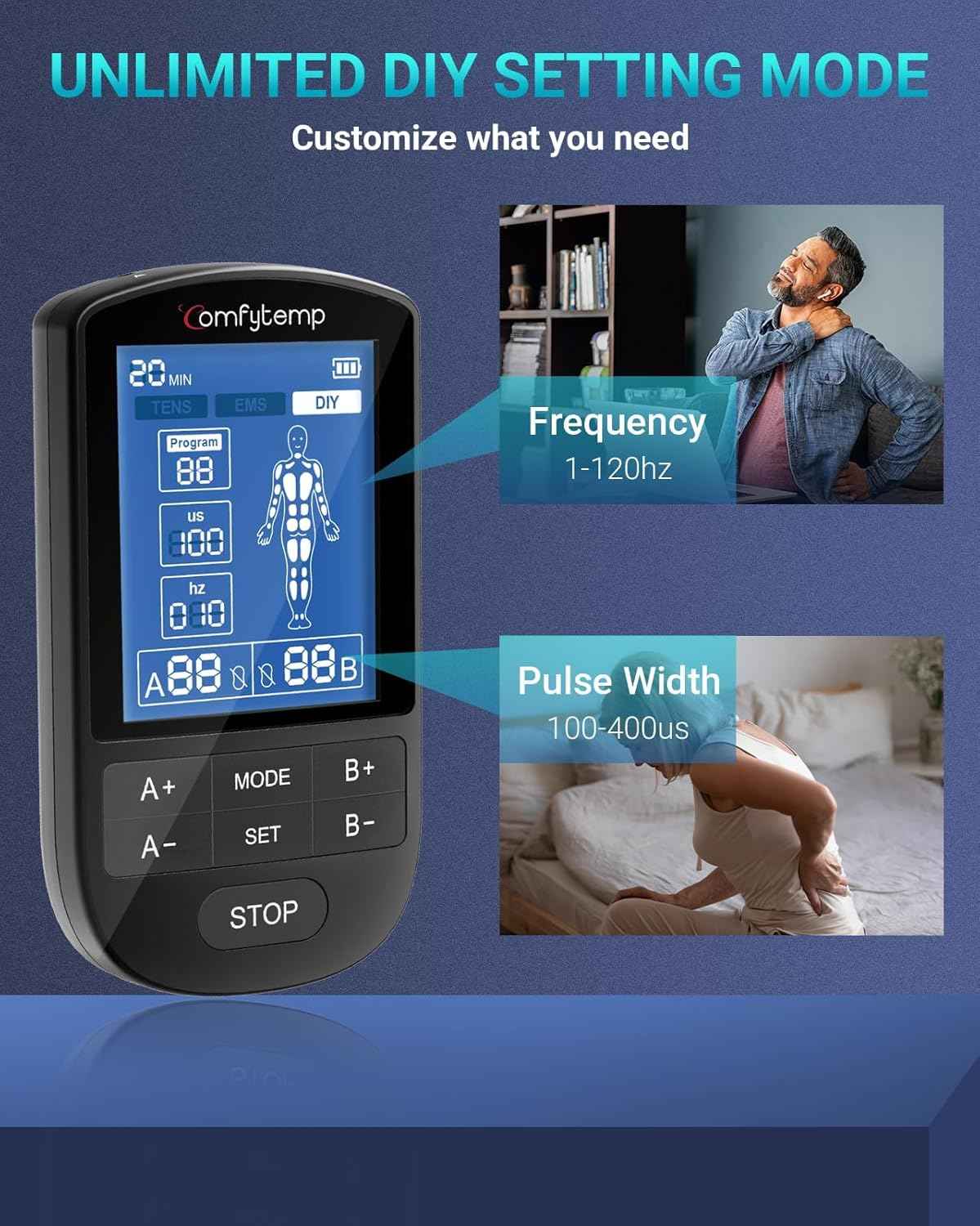 Comfytemp TENS Unit Muscle Stimulator for Pain Relief, FSA Eligible TENS Machine - 24 Modes & DIY, HSA Dual Channel EMS Unit for Back Neck Shoulder Electronic Pulse Massager, Fathers Day Gift, 10 Pads