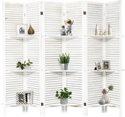NicBex 6 Panel Room Divider,5.6FT Wood Carved Room Dividers with Display Shelves Folding Privacy Screens Portable Freestanding Partition Wall Dividers for Room Separation,Home Bedroom Office,White - Lumora Desk