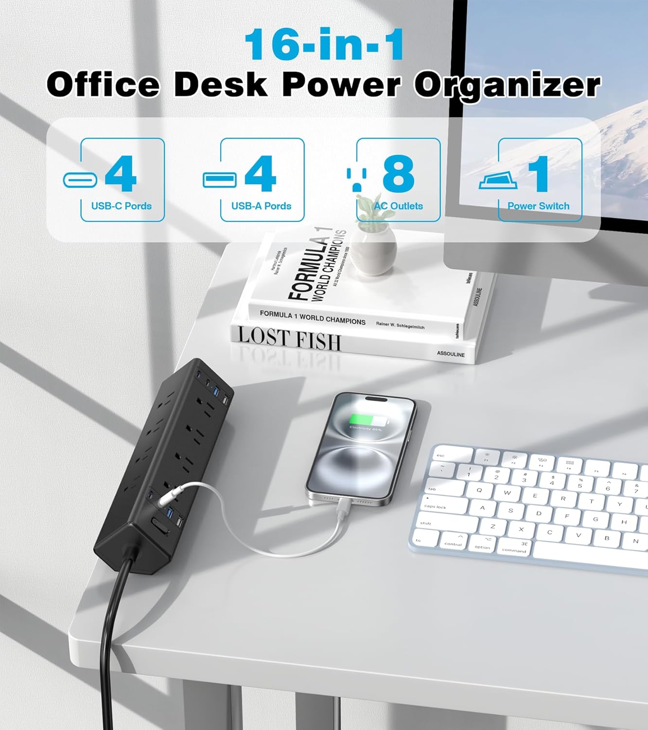 40W Fast Charging Station,Desk Clamp Power Strip,4 USB-C Ports & 8 AC Outlets,Desktop Edge Mount Surge Protector Power Strip,14AWG Heavy Duty Cord,Fit 1.9" Tabletop Edge for Home Office(10Ft Cable)