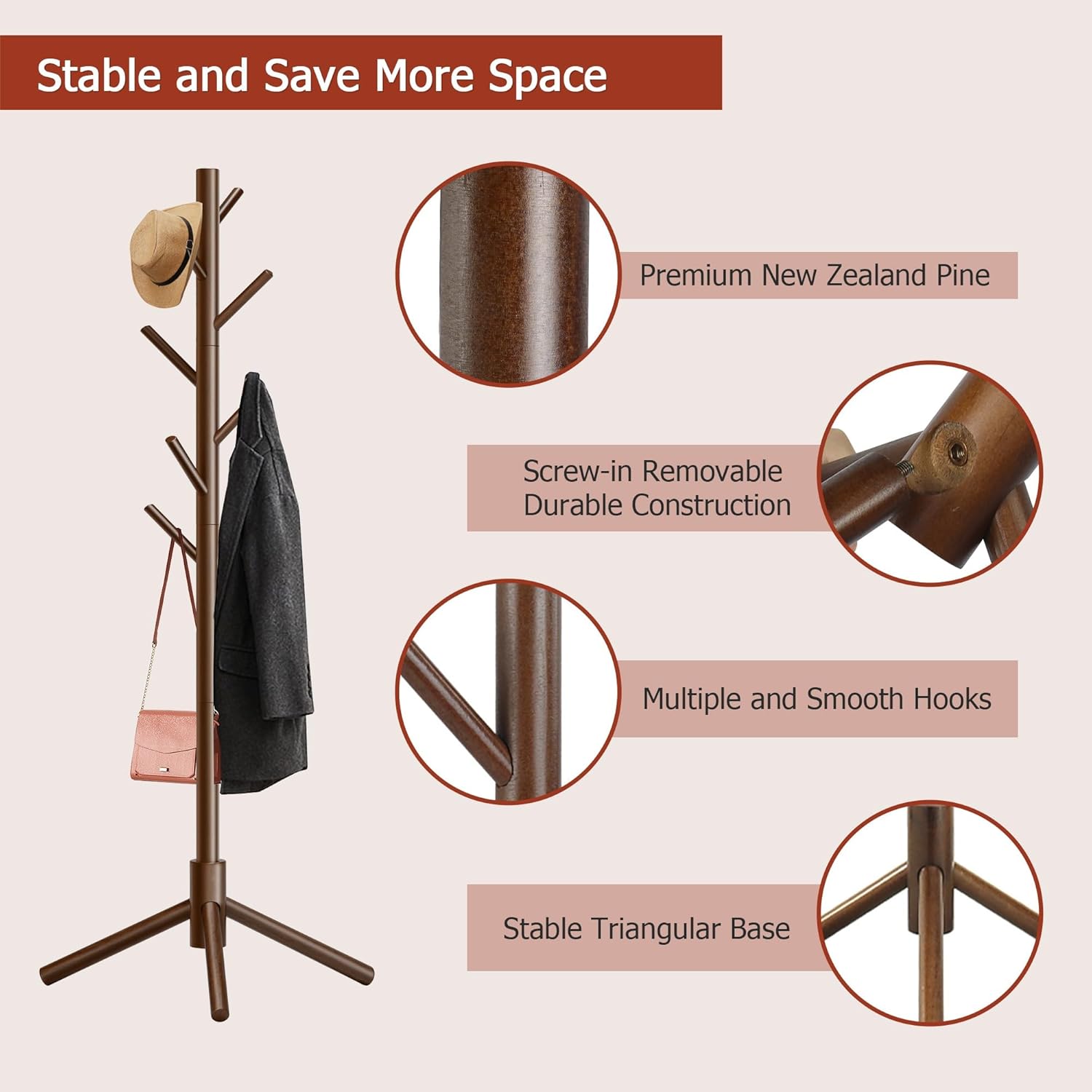 Wooden Coat Rack, Free Standing Coat Rack with 8 Hooks 3 Adjustable Heights for Clothes, Hats, Handbags, Coat Tree Easy Assembly for Entryway, Bedroom, Hallway, Office (New Brown) - Lumora Desk