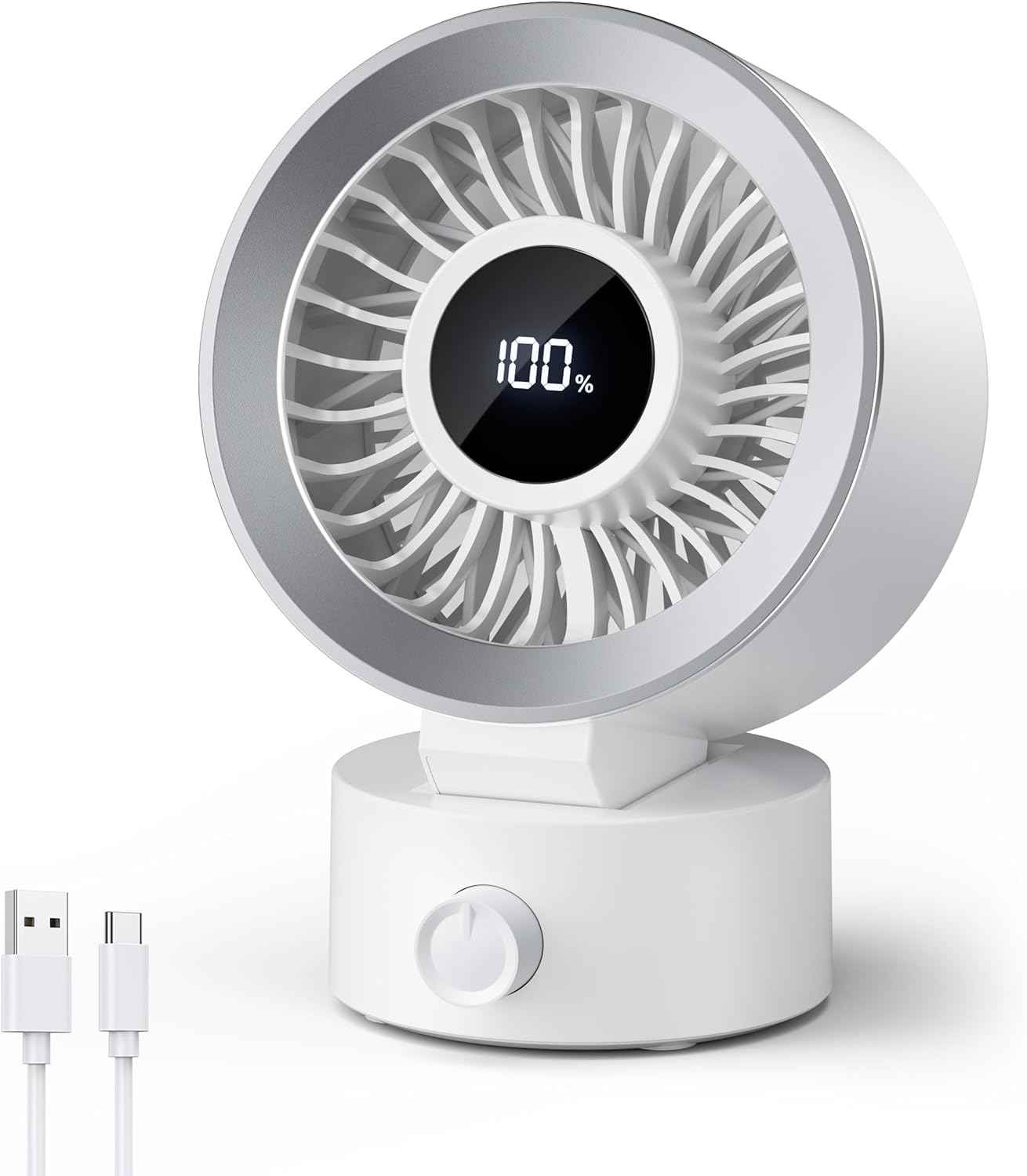 CIVPOWER Desk Fan Small Quiet: Table Fan Rechargeable with 1200mAh Battery & USB Powered, Portable for Office Desktop, Digital Display, 30° Tilt Adjustable, 100 Speeds, Gift for Women Men, White