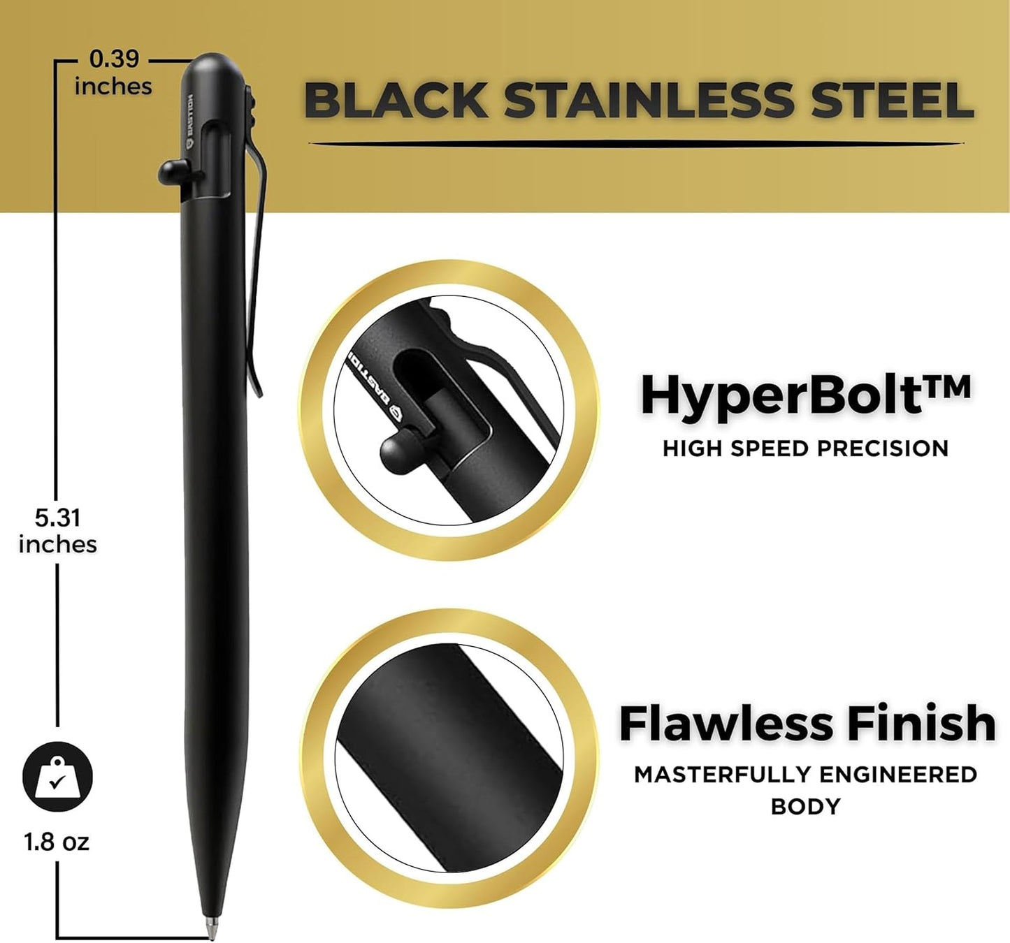 BASTION® Luxury Slim Bolt Action Pen, Durable EDC Pen with Fine Tip, Professional Ballpoint Pen for School and Work - Stainless Steel Black