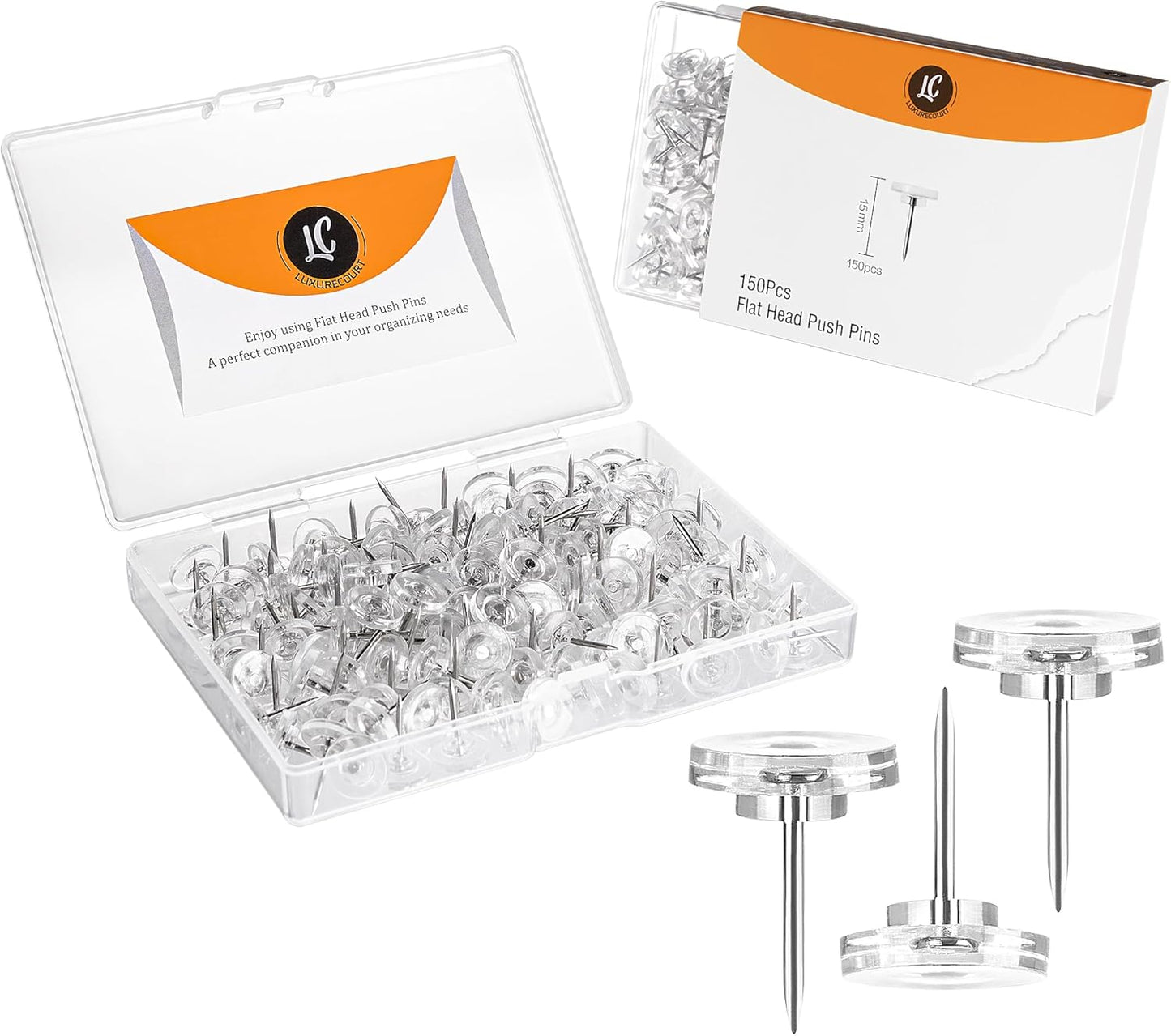150 Pack Clear Push Pins Tacks by Luxurecourt, Flat Head Thumbtacks for Bulletin Board, Wall Hanging, Cork Board, Shadow Box, Heavy Duty Plastic Head with Steel Point in Reusable Storage Box.