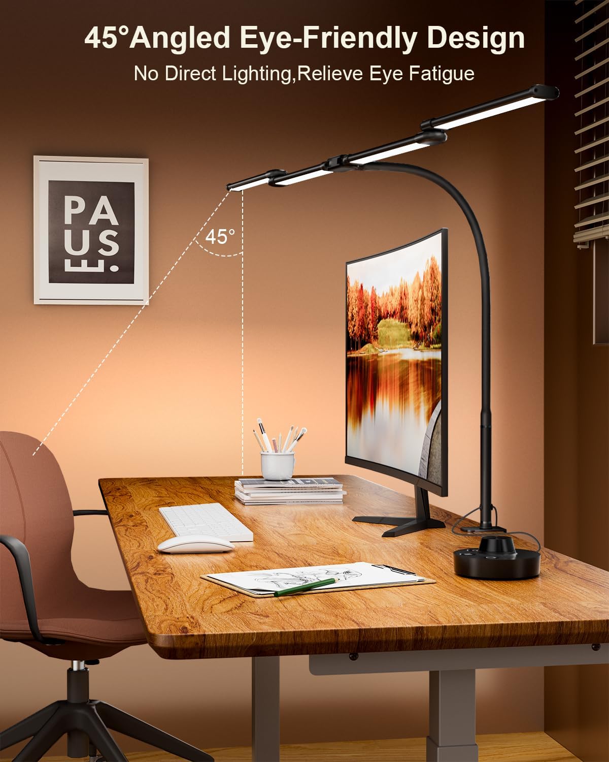 LED Desk Lamp with Clamp, 24W Ultra Architect Desk Lamp for Home Office, Stepless Dimming & Adjustable Gooseneck, Eye-Caring Light with USB Adapter for Reading, Study, Multi-Screen Setup (Black) - Lumora Desk