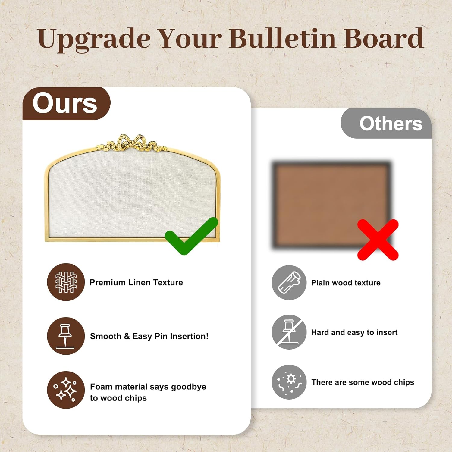 Vintage Arched Linen Cork Board with Gold Bowknot – Decorative Bulletin Board for Walls, Iron Frame Pin Board for Notes, Photos & Reminders, Elegant Vision Board for Home & Office 24"x 15" - Lumora Desk