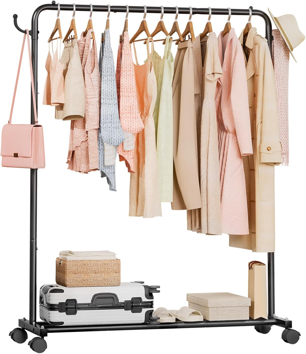 Homde Heavy Duty Clothes Rack: 120lb Standing Garment Storage for Indoor - Rolling Hanging Rod for Bedroom Laundry Room - Coat Dress Organizer on Wheels with luggage shelf (Black，46") - Lumora Desk