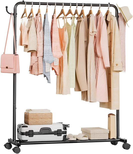 Homde Heavy Duty Clothes Rack: 120lb Standing Garment Storage for Indoor - Rolling Hanging Rod for Bedroom Laundry Room - Coat Dress Organizer on Wheels with luggage shelf (Black，46") - Lumora Desk