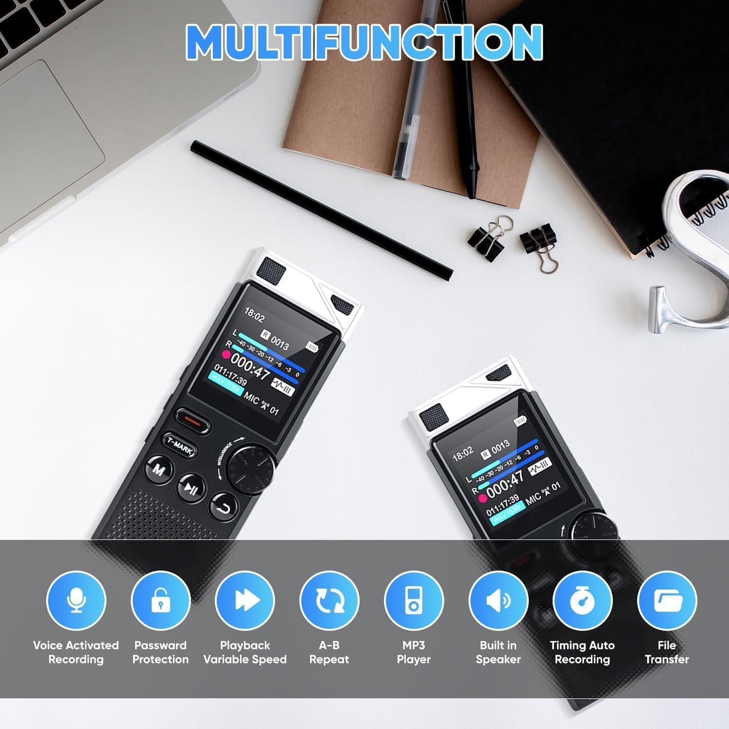 Professional 264GB WUCOTC Digital Voice Recorder - Voice Activated Recorder for Lectures Meetings - 18000 Hours Recording Device with Playback, MP3 Player, Password Protection, Variable Speed