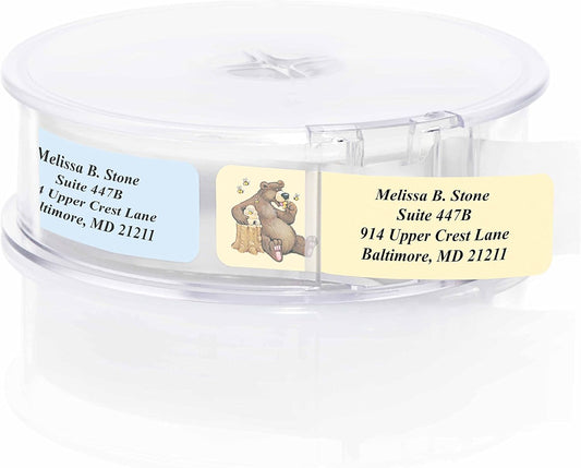 Bears Designer Assorted Rolled Address Labels with Elegant Plastic Dispenser - Lumora Desk