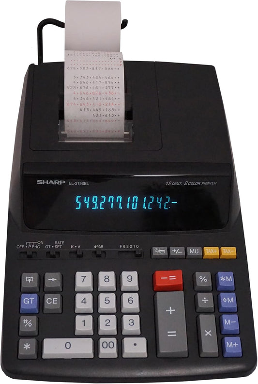Sharp 12-Digit Print Calculator Desktop Size Adding Machine, Perfect for Everyday Use and Office, Bright, Large Easy-to-Read Numbers on Both The Display and The Two-ColorPrinted Tape (EL2196BL)