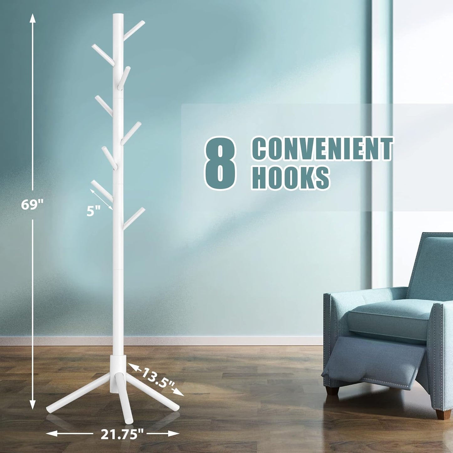 Haddockway Wooden Coat Rack Stand with 8 Hooks New Zealand Pine 3 Adjustable Coat Standing Tree Easy Assembly for Coats, Hats, Scarves and Handbags for Entryway, Hallway, Bedroom, Office,2 PCS - Lumora Desk