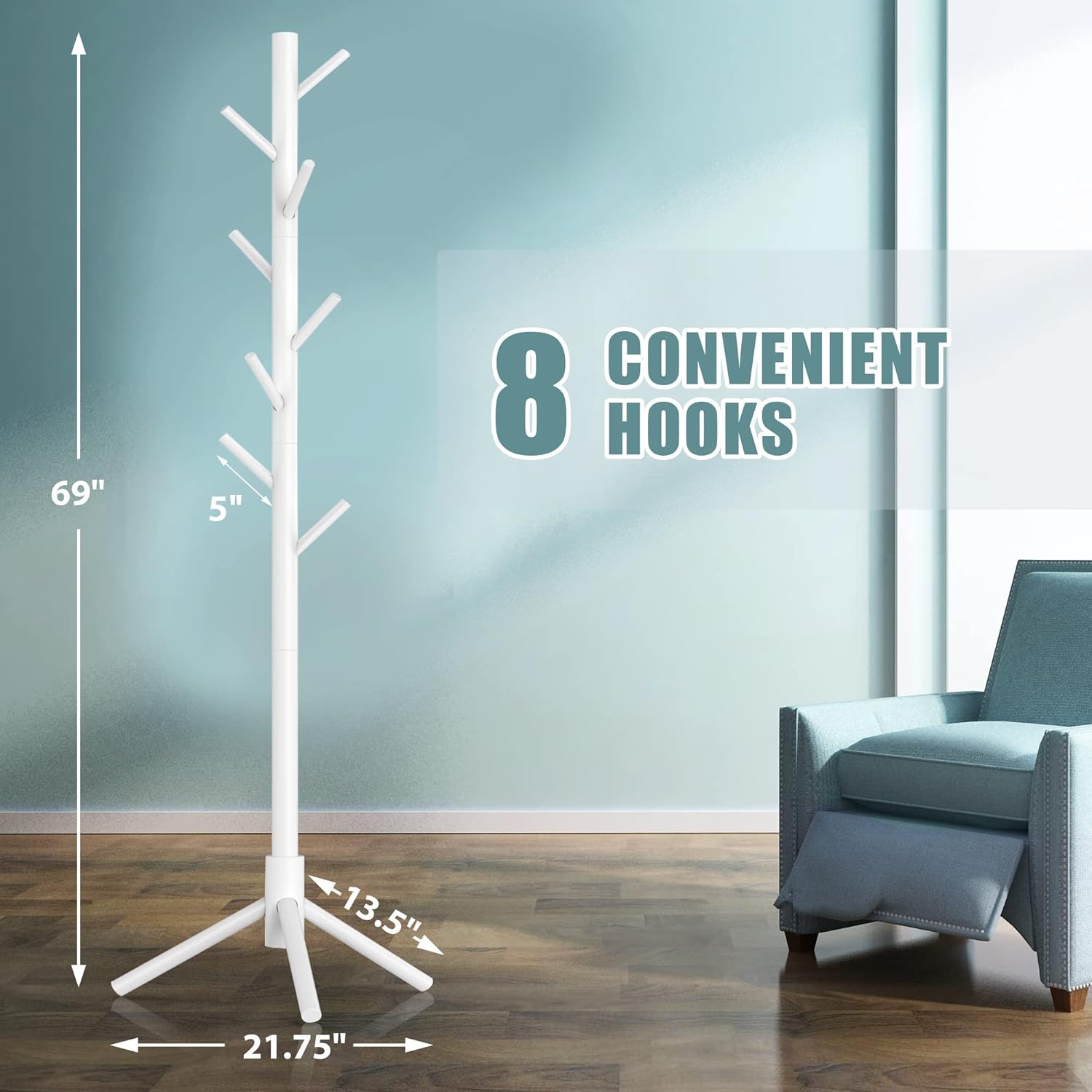 Haddockway Wooden Coat Rack Stand with 8 Hooks New Zealand Pine 3 Adjustable Coat Standing Tree Easy Assembly for Coats, Hats, Scarves and Handbags for Entryway, Hallway, Bedroom, Office,2 PCS - Lumora Desk
