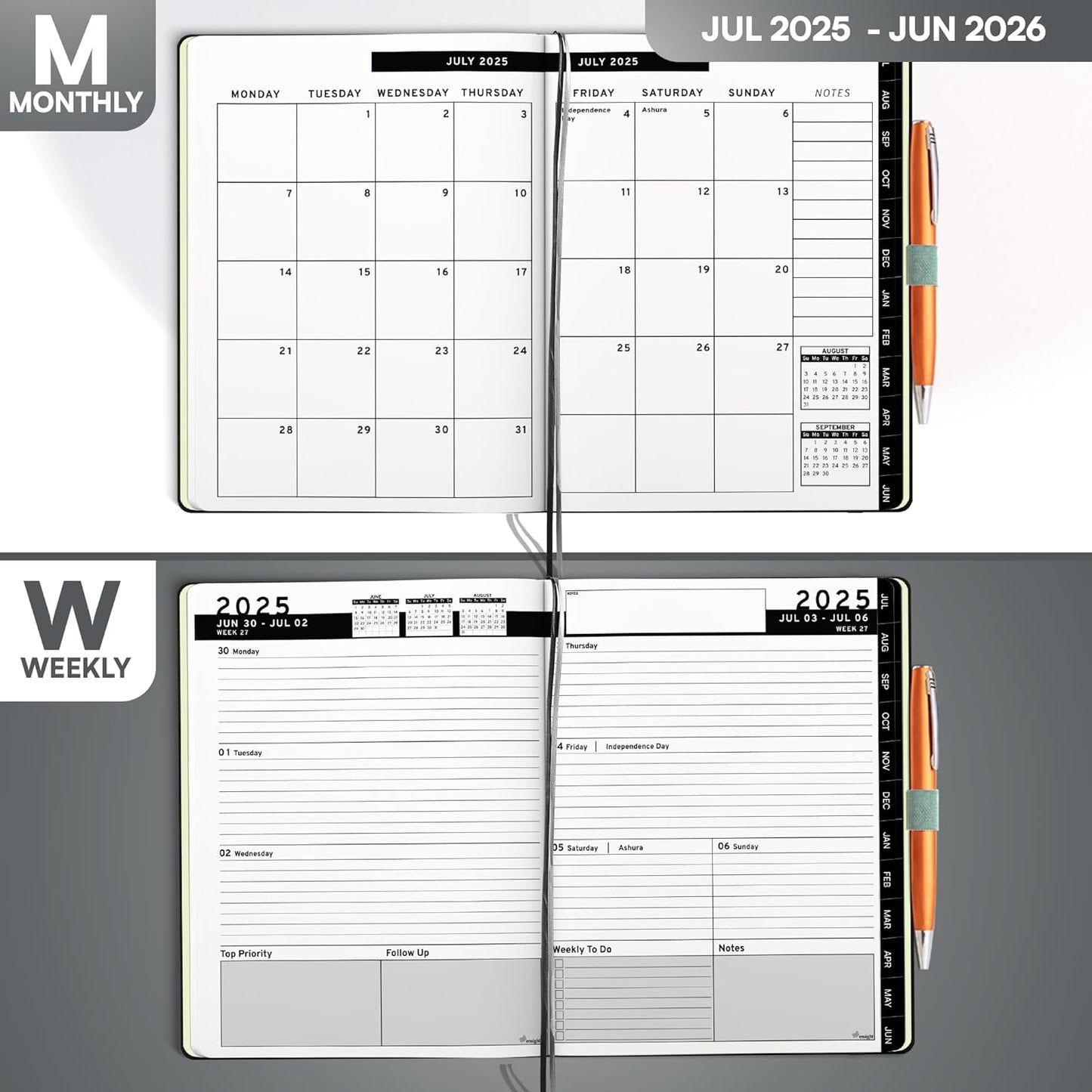 Ensight 2025-2026 HARDCOVER Leather Planner Weekly & Monthly - 6.5x8.5 Inches - Academic Planner Business Personal or Student - Pen Holder, Thick Paper, July 2025 - June 2026 (Grey)