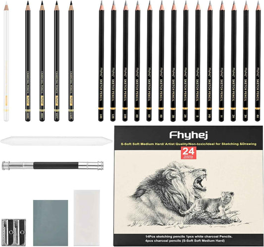 24-Piece Drawing Pencil Set - 14 Graphite Sketch Pencils (14B-4H), 4 Charcoal Pencils, White Charcoal Pencil & Art Supplies, Sketch Pencils for Drawing, Shading, Sketching for Beginners & Artists