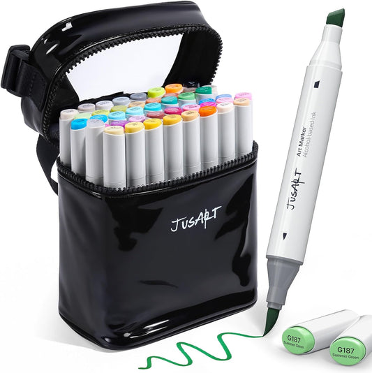 JusArt Alcohol Brush Markers, 48 Colors Dual Tip Art Markers with Brush & Chisel, Alcohol Based Marker Set for Adult Coloring Books, Drawing, Illustration, Sketching, No Bleed Ink Art Supplies