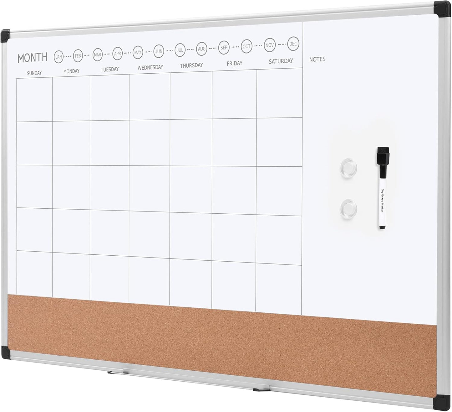 Amazon Basics 24" x 36" Monthly Whiteboard Calendar with Cork Board, Wall Mounted, Easy to Install, Silver Aluminum Frame - Lumora Desk