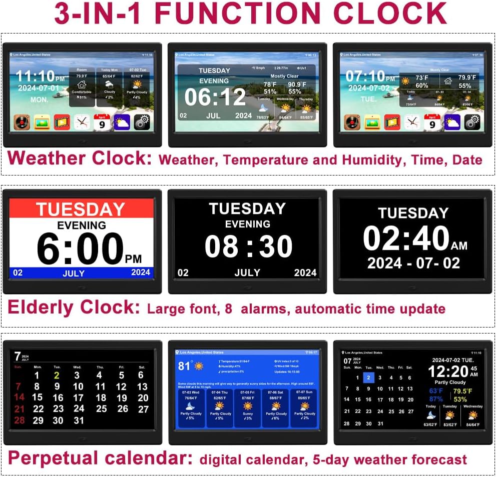Digital Alarm Clock with Date and Time for Elderly Digital Calendar Clock Photo Frame- Auto Dimmable Display 15 Alarm Options (10.1 inch/Black)