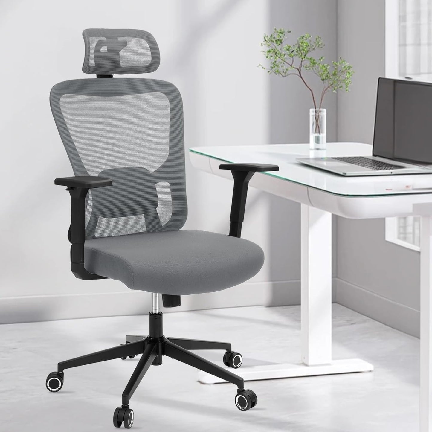 Ergonomic Desk Office Chair, High Back Home Computer Chair with Adjustable Swivel 3D Armrests for Comfort Lumbar Supports Up to 400lbs (Grey)