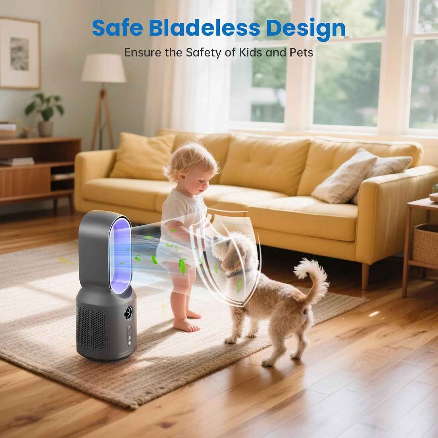 Bladeless Desk Fan, 13 Inch Quiet Oscillating with 106° Rotation, Battery Operated Portable Table Fan, 3 Speeds & Night Light, LED Display, Button Control, Personal Fan for Bedroom Office Nightstand
